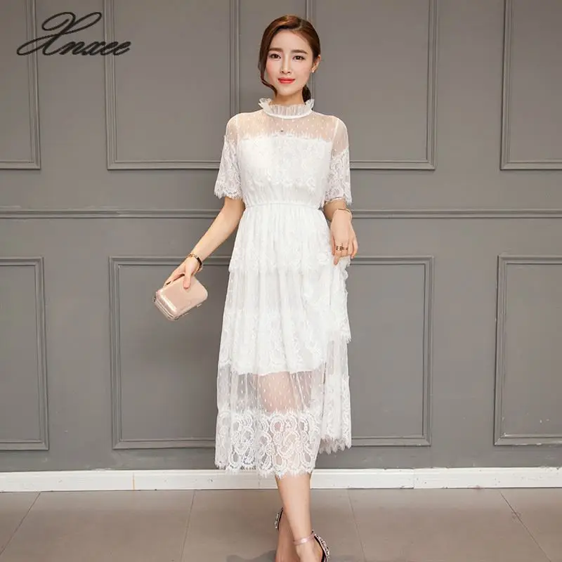 

2020 Women Long dress Lace High Slim Waist Big Pendulum Dresses White Black