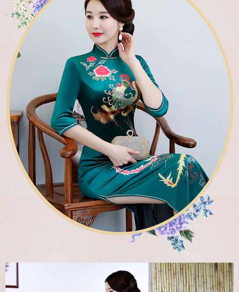 LLJUNDUI золото бархат cheongsam весна новый стиль одежда с длинным рукавом Феникс печати