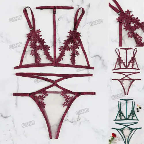 Сексуальное женское белье кружевной бюстгальтер и стринги Набор Babydoll цветочное