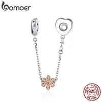 bamoer genuine 925 sterling silver love heart flower safety chain stopper charms fit pendants necklaces diy jewelry scc1113
