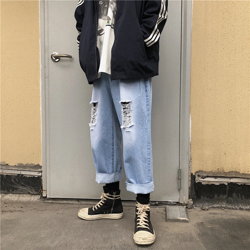 2019 летние новые ins ветрозащитные универсальные прямые свободные мужские джинсы