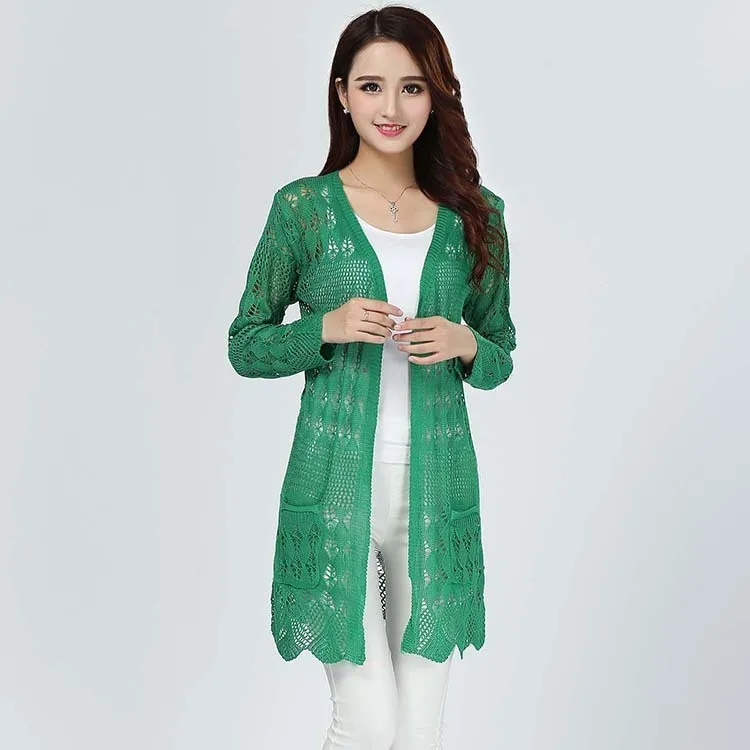 2019 Spring New Women Long Sleeve Knitting Cardigans Sweater Jacket Fashion Floral Hollow Out Candy Colors Pockets Sweaters |