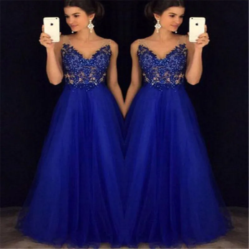 Women's Mesh Maxi Formal Wedding Evening Ball Gown Party Dress Sexy V Neck Sequined Blue Dresses | Женская одежда