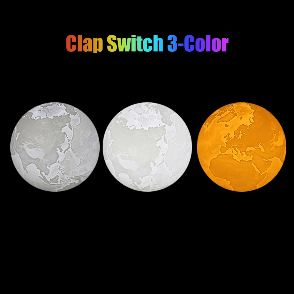 3D печати земля светильник 3-Цвет затемнения Clap USB аккумуляторная Ночная лампа