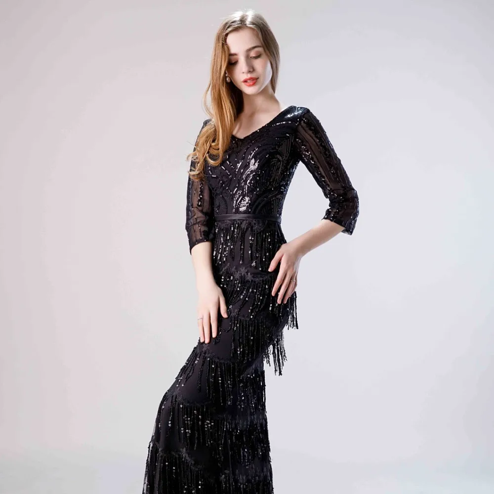 Винтажное черное платье с блестками и двойным треугольным вырезом Vivian's Bridal