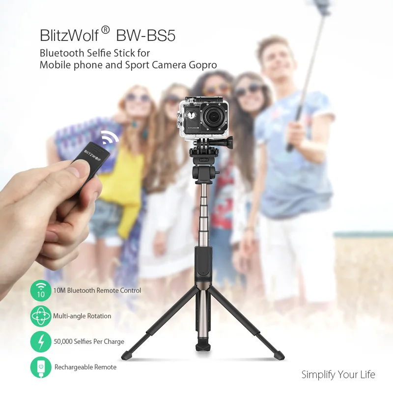 BlitzWolf bluetooth Ручной штатив селфи палка выдвижной монопод для Gopro 5 6 7 1/4 'Спортивная