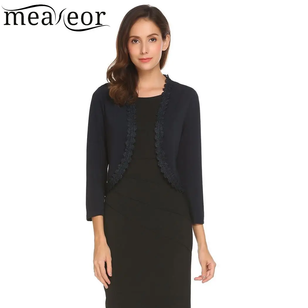 Meaneor Vinatge 3/4 Sleeve Women Shrug Sexy Front Open Casual Outerwear Hem Cardigan Coats Patchwork Asymmetrical Crochet |