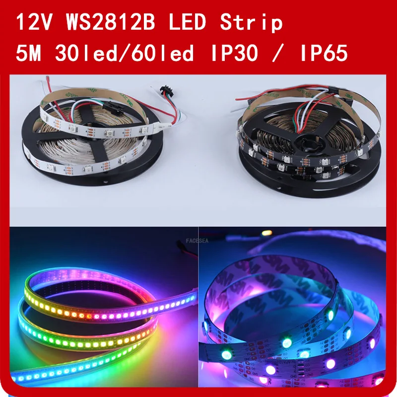 

5 м WS2812B Светодиодная лента индивидуально Адресуемая RGB умная Пиксельная лента 30/60 светодиодов черная/белая печатная плата WS2812 IC Водонепрони...
