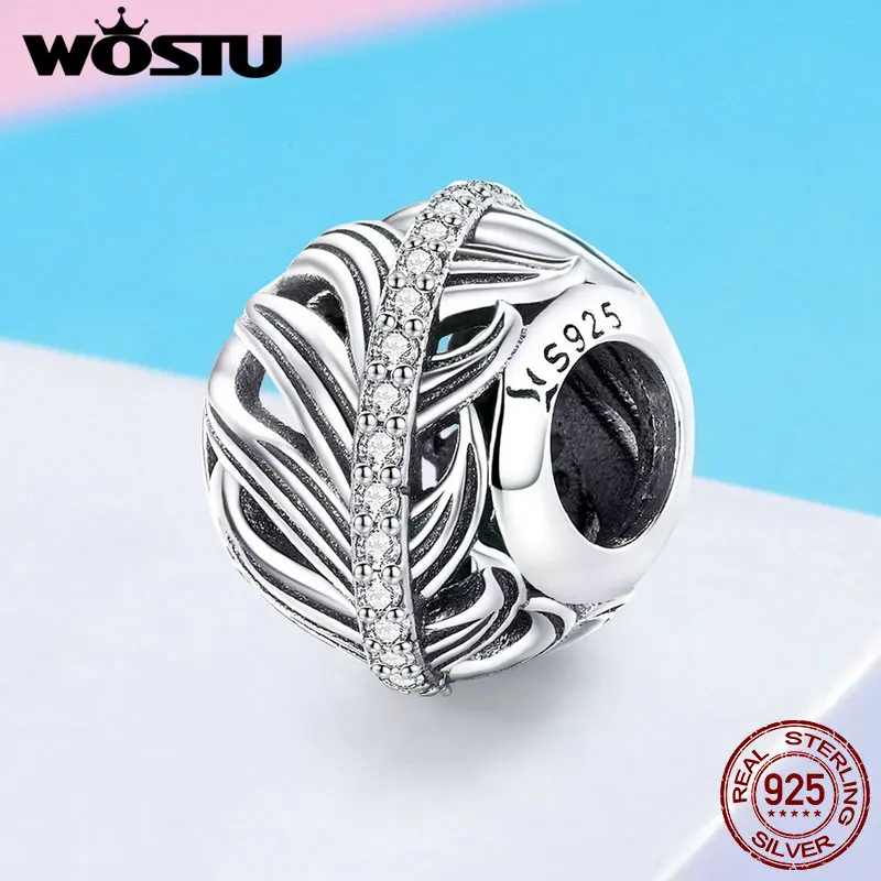 WOSTU 925 пробы, серебряные перья, бусины, циркониевые амулеты, подвеска, ожерелье, Женские Подвески на браслеты для ручного творчества, для изготовления ювелирных изделий CQC1065