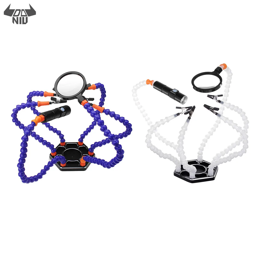 

DANIU 6 Flexible Arms Soldering Vise Helping Hands Third Hand PCB Repair Fixture with Magnifying Glass Lens & LED Flashlight