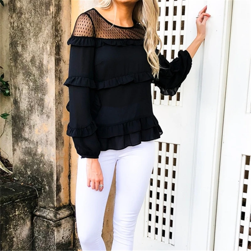 2019 New Women Blouse Shirt Black Sexy Long Casual Sleeve Lace Under Shirts Hollow Tops For Woman Plus Size | Женская одежда