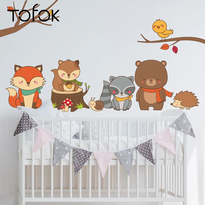 

Tofok Forest Animal Wall Sticker Baby Fox Bear Cartoon DIY Kids Room Home Decor Nursery Dorm Removable Funny PVC Mural Decals
