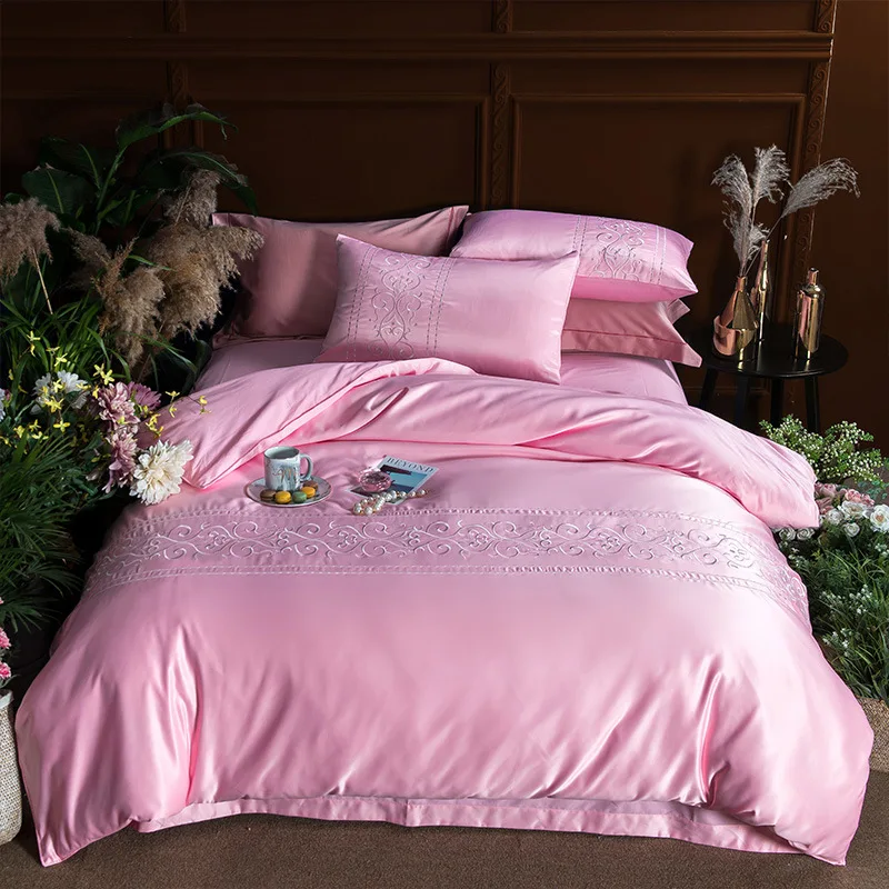 

Luxury Cotton Silk Embroidery King Queen Bedding Set Navy Blue Solid Colors Duvet Cover Flat Sheet Pillow Case For Wedding