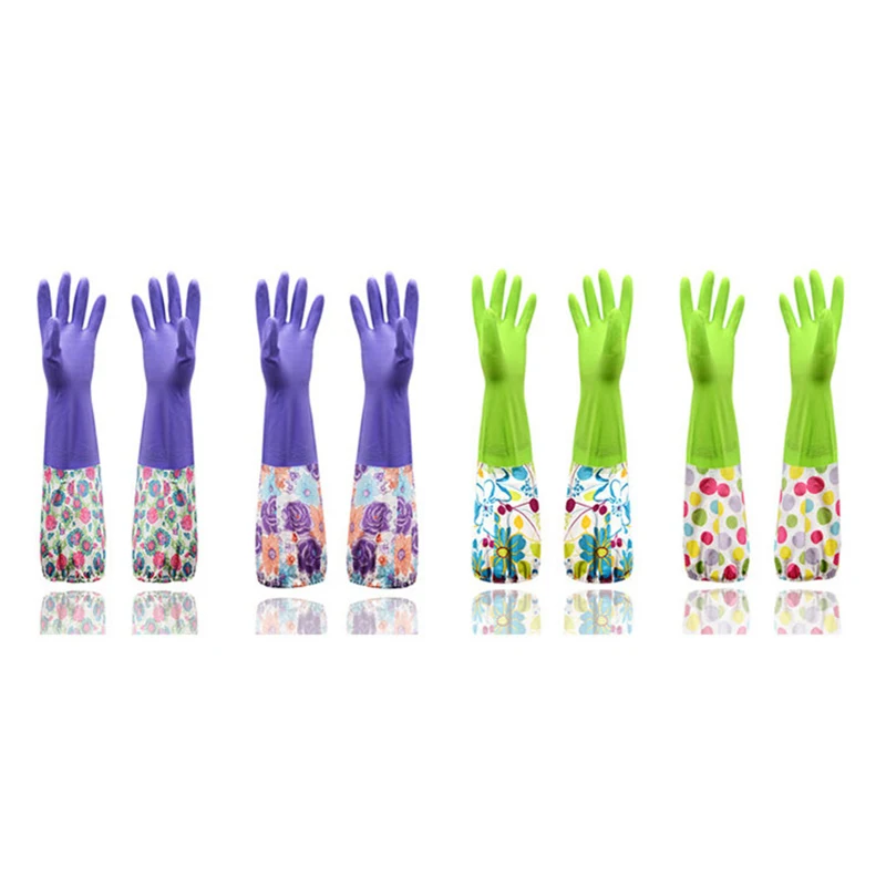 1 Pair Kitchen Elastic Band Long Sleeves Cleaning Gloves with Velvet Warm Household Waterproof Dishwashing | Дом и сад