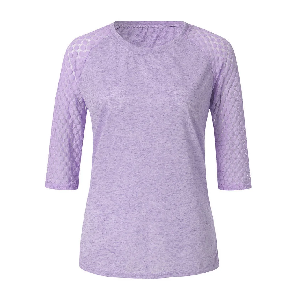 Women T Shirts Casual Lace Stitching Round Neck Cropped Sleeves Slim Clothing Tops T-Shirts Plus Size S-5XL | Женская одежда