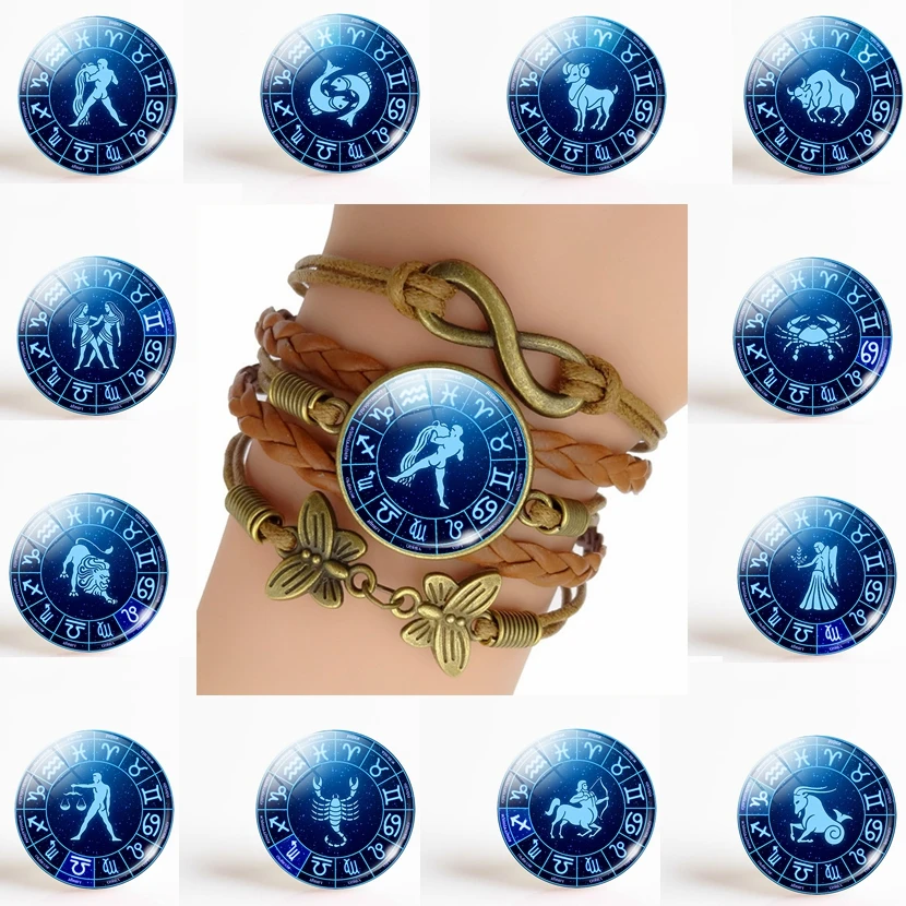 

12 Constellation Zodiac Sign Fashion Bracelet Gemini Cancer Virgo Libra Scorpio Punk Braided Leather Accessories Birthday Gift