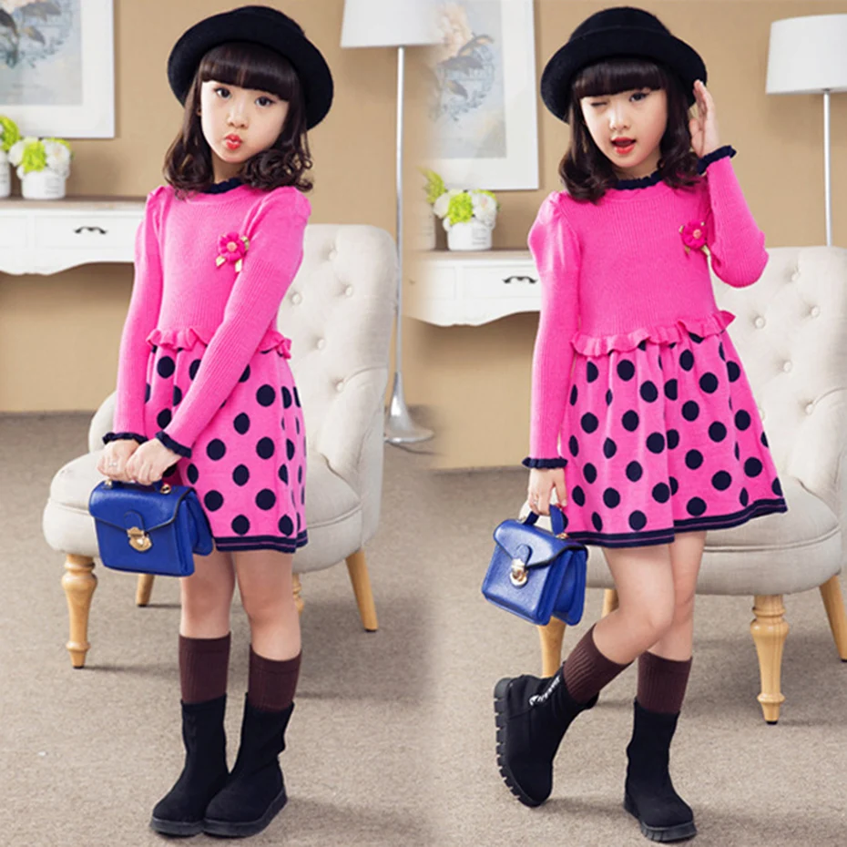 Dresses For Girls Dot Knitted Sweater Dress Party Kids Autumn Winter Christmas Clothes Girl 3 5 8 9 13 Years | Детская одежда и
