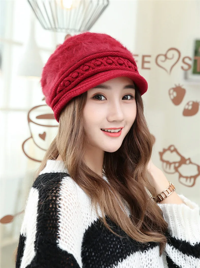 Korean Style Rabbit Fur Hats For Women Knitted Warm Winter Cap With Visor Peaked Caps Ladies Beanie | Аксессуары для одежды