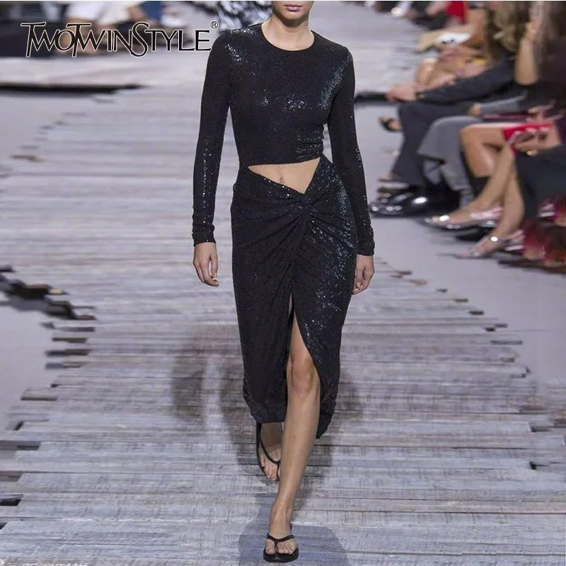 TWOTWINSTYLE сексуальное платье с тяжелыми пайетками женское длинным рукавом и