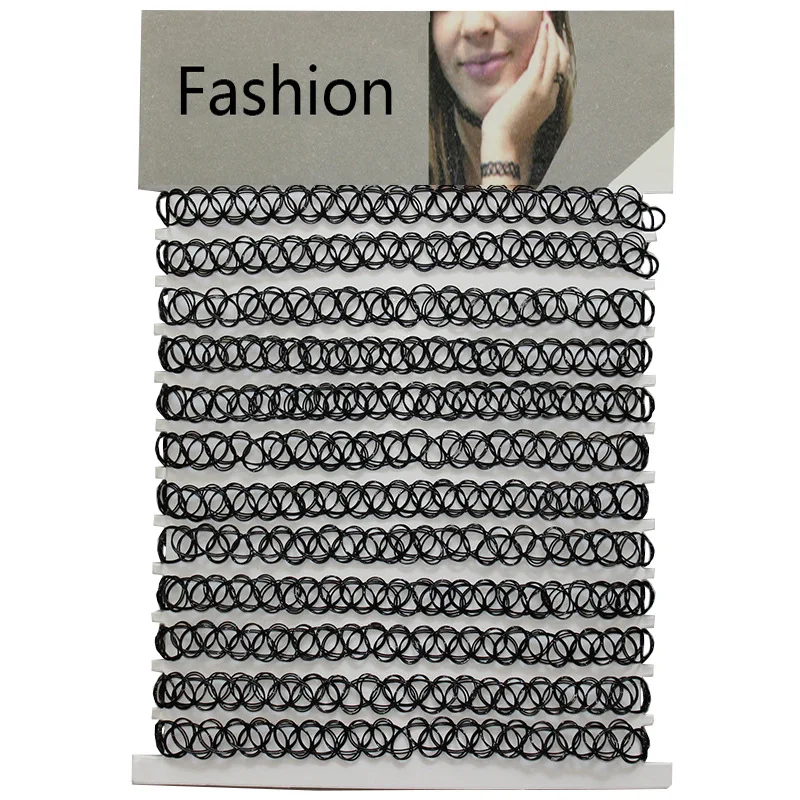 

12 pcs/Set Black Fishline Tattoo Chokers Necklace Vintage Gothic Punk Elastic Stretch Hollow Chokers Women Jewelry