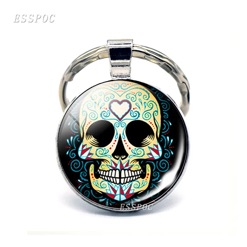 

Sugar Skull Keychain Mexico Folk Art Sugar Skull Glass Pendant Metal Keyring Day of the Dead Halloween Gift Jewelry Gifts