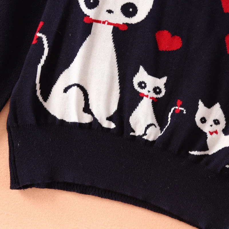 Japanese Cartoon Cat Patterned Mori Girl Navy Blue Knitted Sweater Pullover Tops | Женская одежда