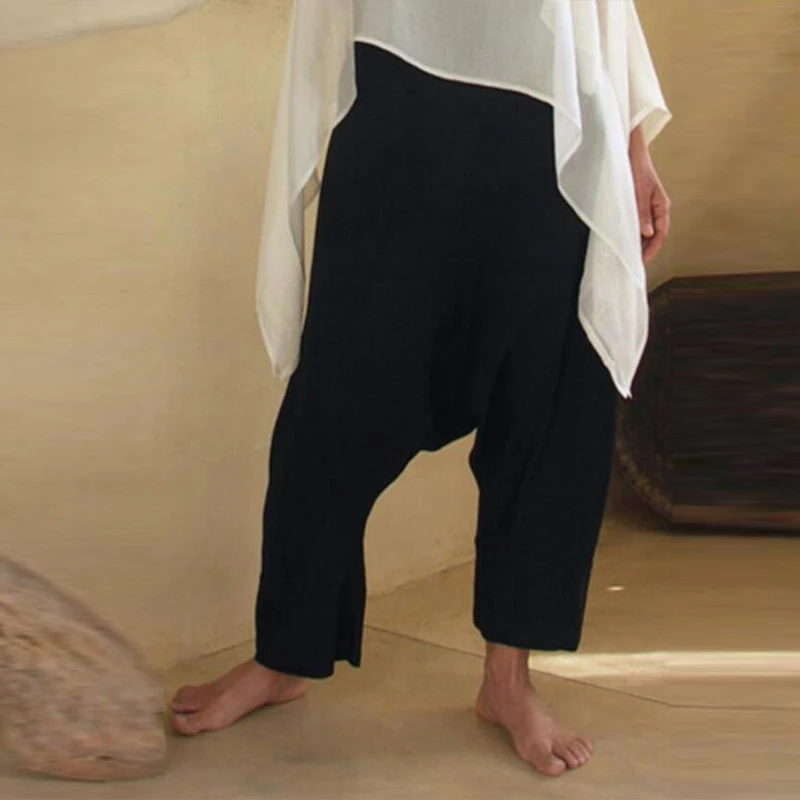 Женские штаны оверсайз с заниженным шаговым швом и высокой талией из хлопка льна
