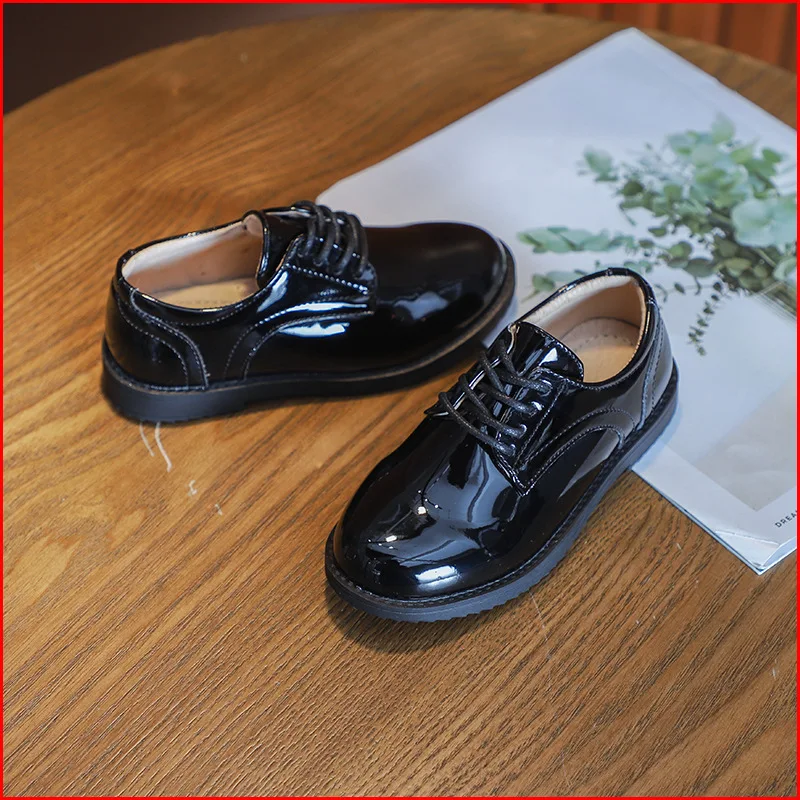 

2019 Spring Autumn Bigger Boys Party Shoes Kids Dance Shoes Patent Leather Black Leather Shoes for flower boys Lace-Up Flat Shoe