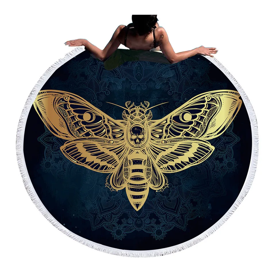 Круглое пляжное полотенце Death Moth с черепом для взрослых черно белое банное из