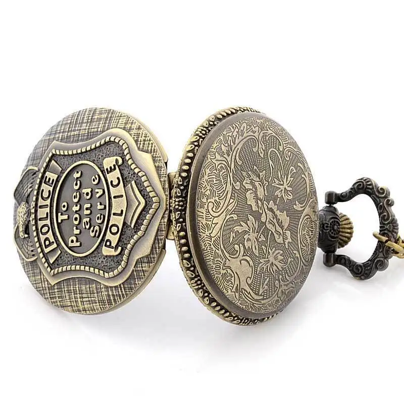 

IBEINA Police Theme Full Hunter Quartz Engraved Fob Retro Pendant Pocket Watch Chain Gift