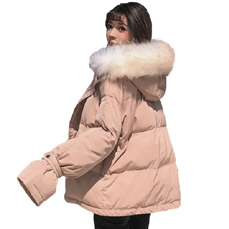 2018 New Tide Women Winter Jacket Parka Short Fur Collar Hooded Plus Size Loose Cotton Coat Pink Padded Overcoat Female HJ03