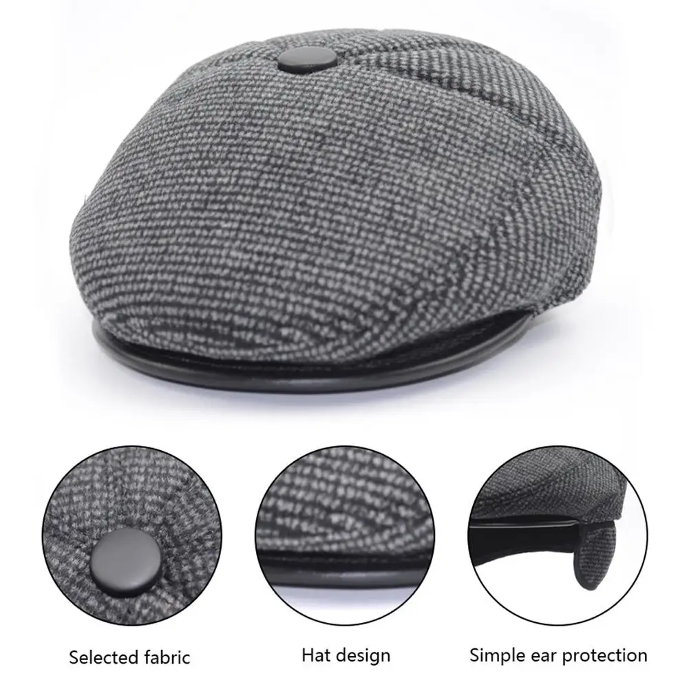 Winter Wool Male Beret Cap Hats With Earflaps Men Vintage Newsboy Tweed Flat Dad Warm Russia Snow Plaid Peaked Boina | Аксессуары для