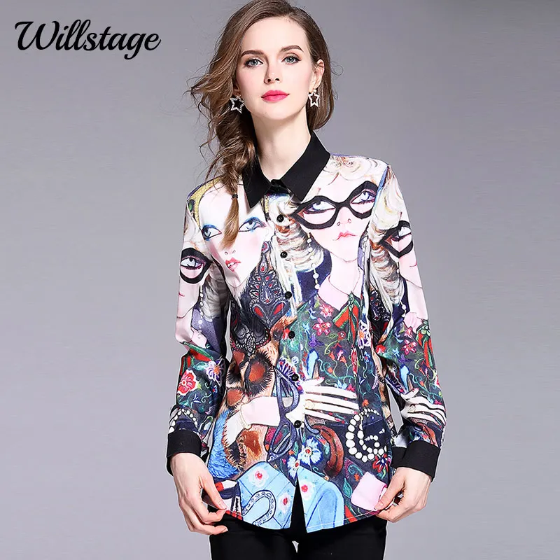 Willstage для женщин рубашка Узор Женский печатных блузка с длинным рукавом