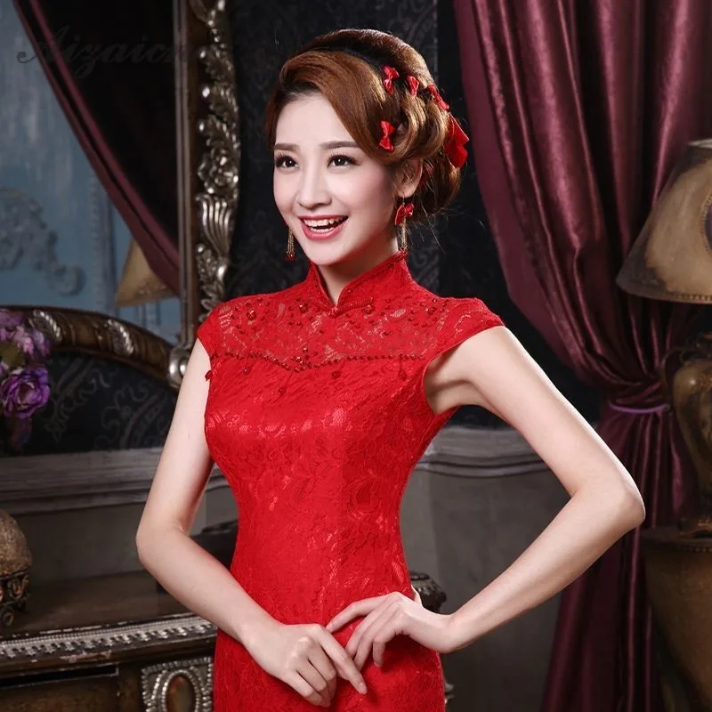 Spring Red Long Cheongsam China Bride Lace Qi Pao Women Chinese Traditional Wedding Dress Qipao Robe Orientale Evening Dresses |