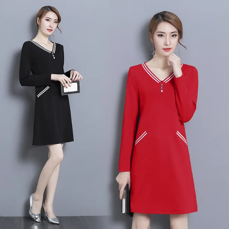 

2018 Autumn New Pattern Will Code Easy Thin Fashion V Word Lead Long Sleeve Solid Color A Word Rendering Dress