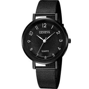 2019 Женевские часы для женщин часы на ремешке с зацепами, Нержавеющаясталь Аналоговые кварцевые наручные часы Роскошный Серебристый черные часы Montre Femme