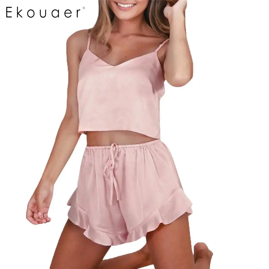 Ekouaer летние шорты пижамы наборы женские атласные Cami Топ Спагетти ремень