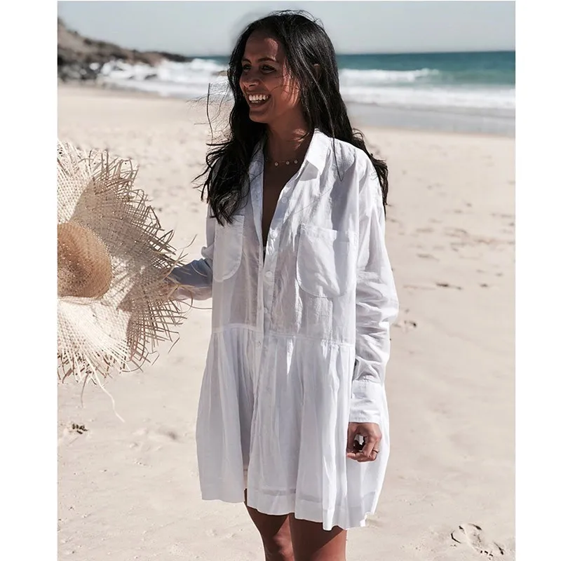 2019 однотонная белая кружевная пляжная одежда Длинная накидка для пляжа женская