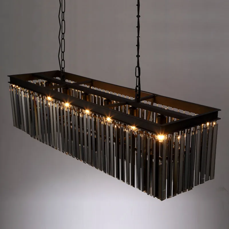

American Vintage Black Metal Gray / Amber / Clear Crystal Led Pendant Light Lustre K9 Tubular Crystal 2 Layers Pendant Light