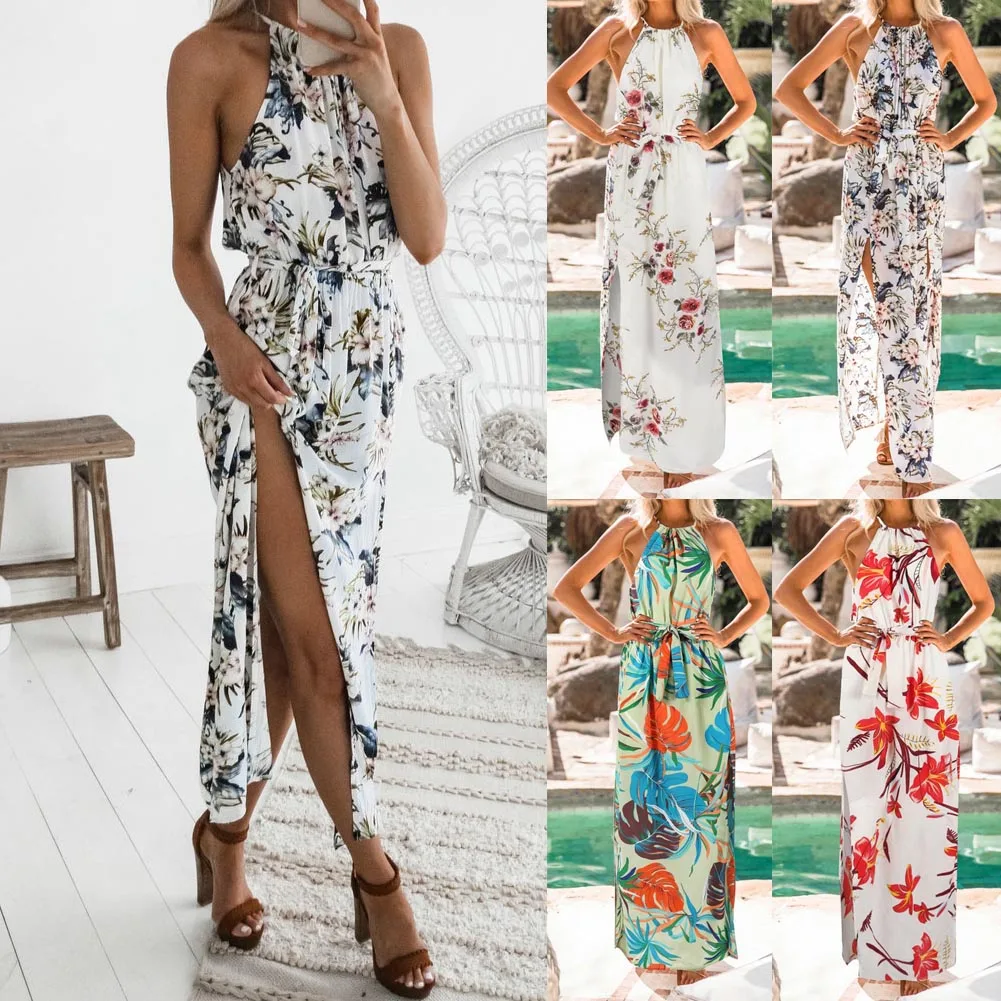 Women Dress Halter Boho Floral Maxi Long Summer Evening Party Beach Slit Spilt Navy Blue Lady Charms Fashion Hot Sundress | Женская