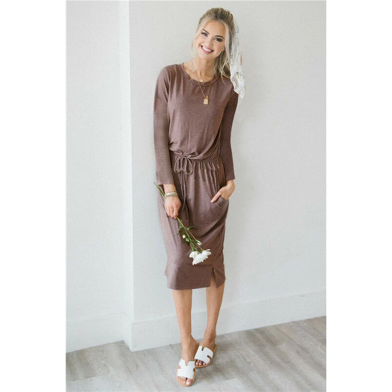 Женское модное весеннее Повседневное платье миди с карманом и круглым вырезом