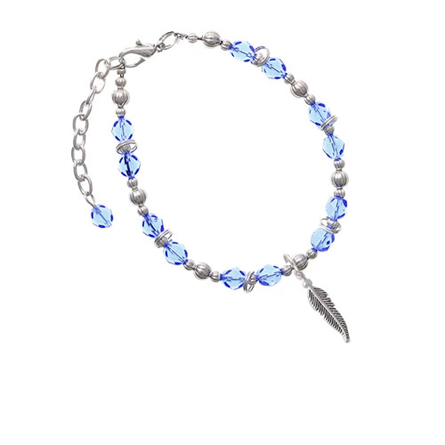 Silvertone Малый 3-D перо свет браслет с голубыми бусинами |