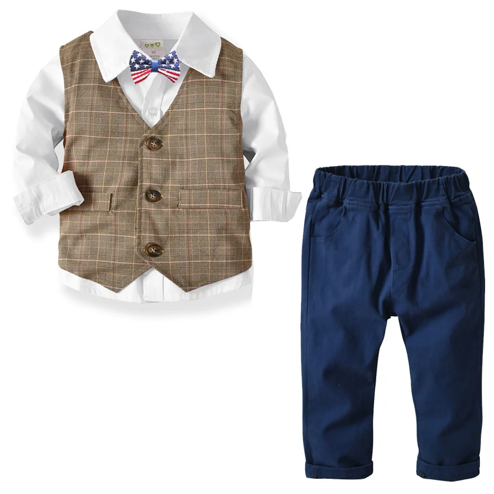 Boy's Double-Layer Horse Clip Shirt Trousers Children Gentlemen Suits Baby's Birthday Banquet Clothes Set |