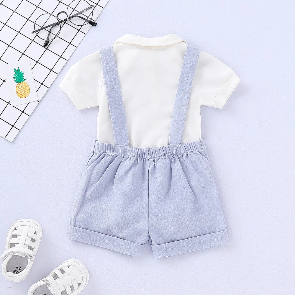 2 PCS Baby Boys solid Romper Outfits + Suspender Boxer Pants Set Gentlemen Wedding Formal Clothes Smash Blue 0-24m |