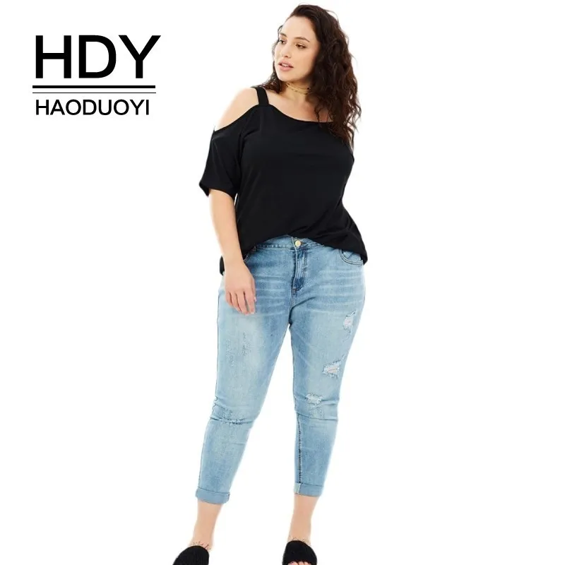 HDY HAODUOYI Plus Size Solid Casual Slash Neck Women T-shirt Female Hollow Out Sexy Tops Black Loose Top Tees Big | Женская одежда