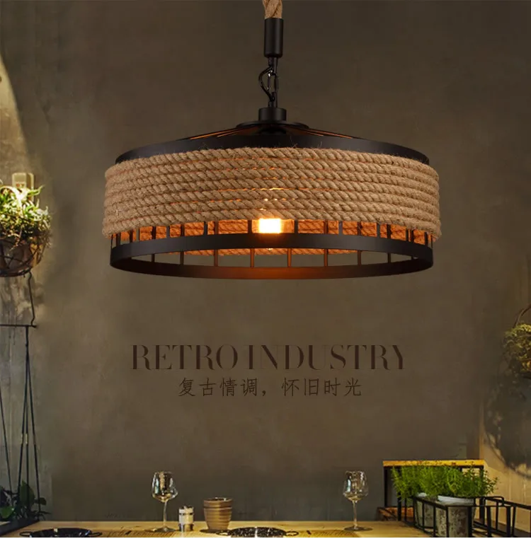 Attic retro industrial style American wrought iron rope creative chandelier personality restaurant decoration lamp
