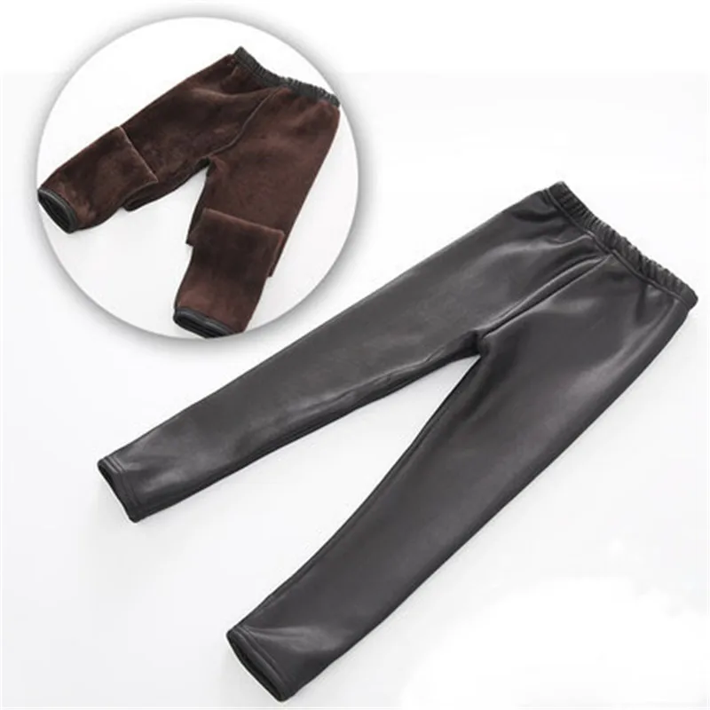 Теплые леггинсы из искусственной кожи для девочек зимние плотные штаны