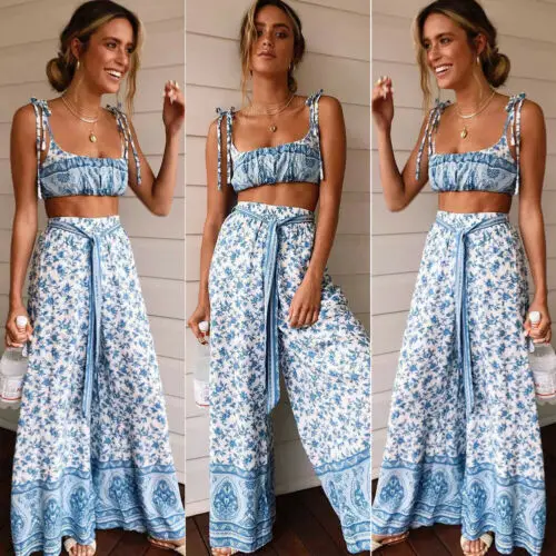 

Fashion Women Two Piece Casual Crop Top Long Pants Floral Print Causal Beach Holiday Women Set Outfits