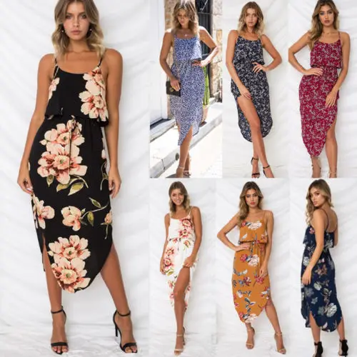 Для женщин Лето Boho короткие Макси Цветочный платье без рукавов Вечерние