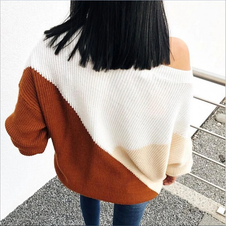 Winter Clothes Women Sweater Long Sleeve Knitted Cold Shoulder Patchwork O Neck Pullover Jumper Jersey Pull Femme Hiver | Женская одежда